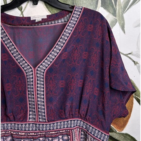 Garnet Hill Size 12 100% Silk Printed Elastic Back Tunic Top Short Sleeves - Picture 3 of 6